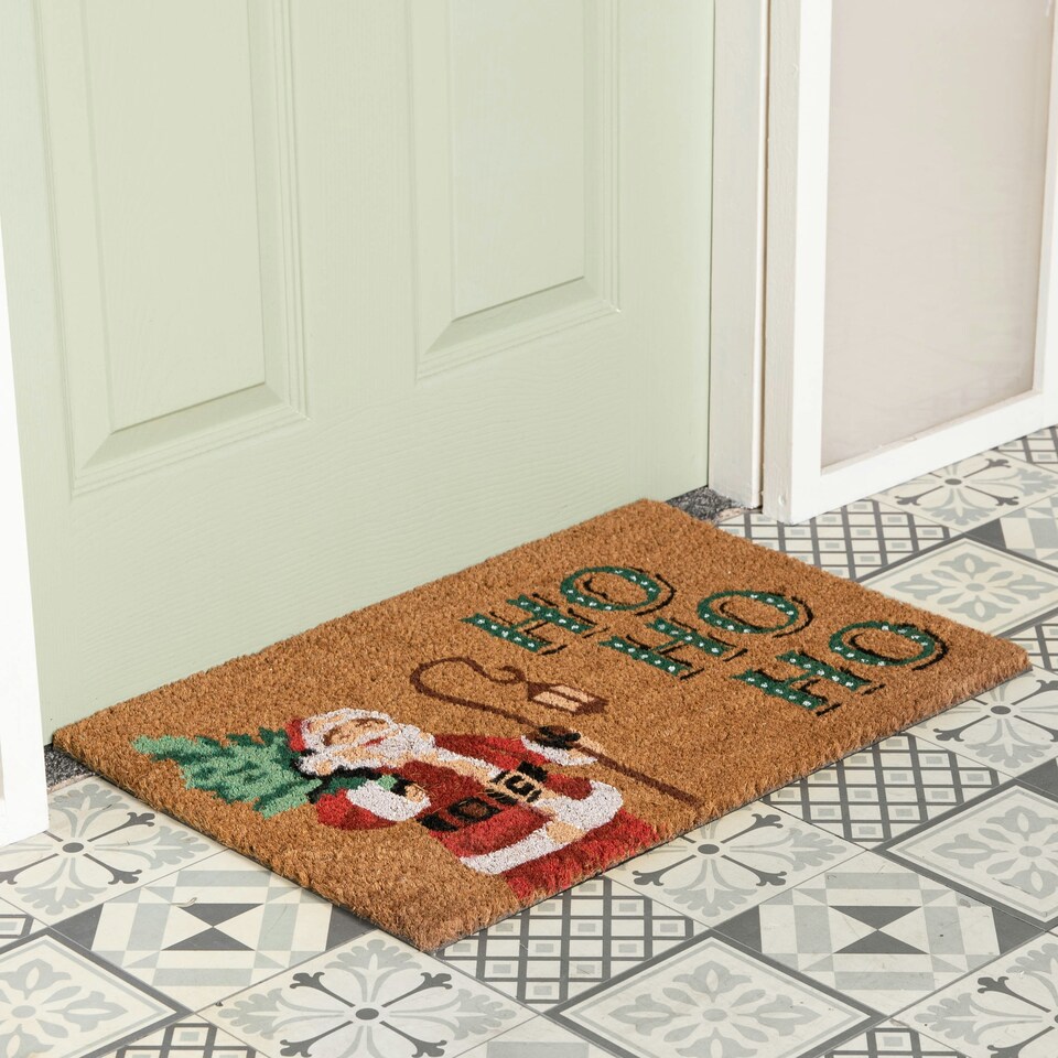 image 1 of 60cm x 40cm Brown Christmas Ho Ho Ho Doormat with Santa