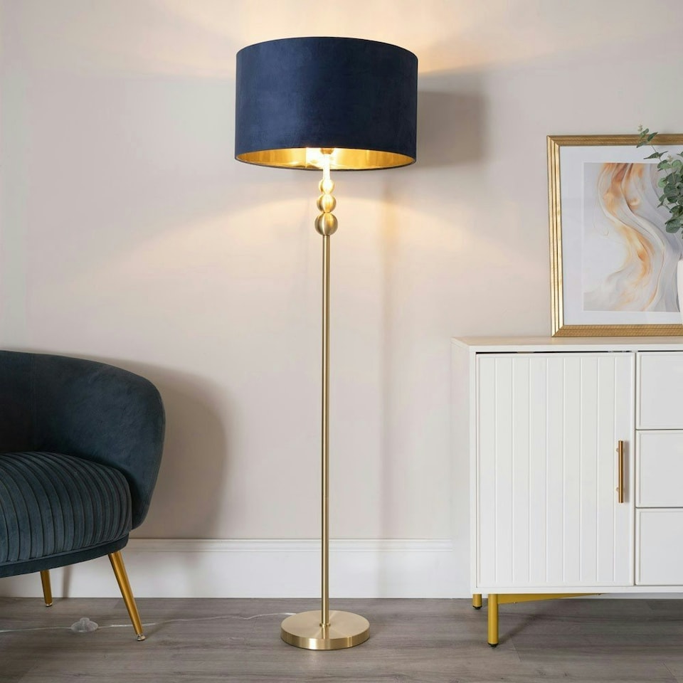 image 1 of ValueLights Marissa Gold Stacked Ball Floor Lamp with Navy Blue Velvet with Gold Inner Shade | Blue