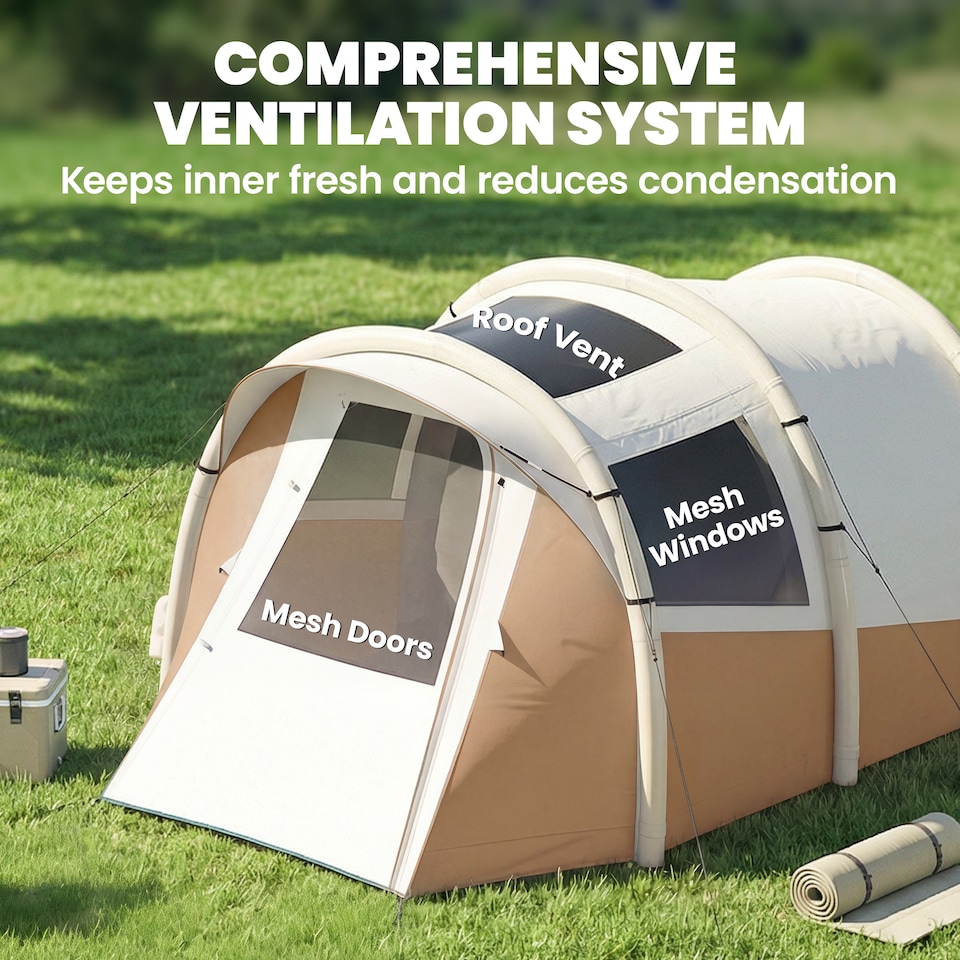 image 1 of Outsunny Inflatable Camping Tent w/ Air Pump, 2-3 Person Blow Up Tent | Brown | Khaki, Beige | 480 x 280 x 195 cm