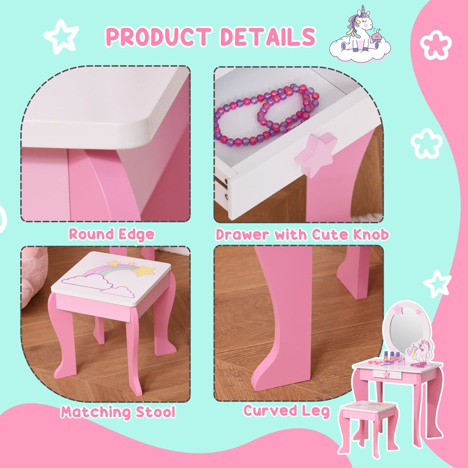 image 1 of HOMCOM Girls Dressing Table with Mirror, Stool, Pretend Play Toy | Pink | White