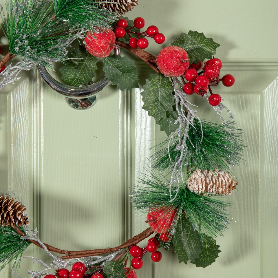 image 1 of 45cm Hanging Christmas Wreath with Apples and Red Berries