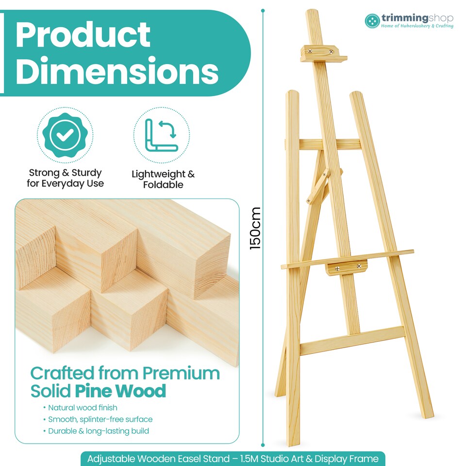 image 1 of 1.5m Adjustable A-Frame Studio Easel, Natural Pine Wood Folding Stand