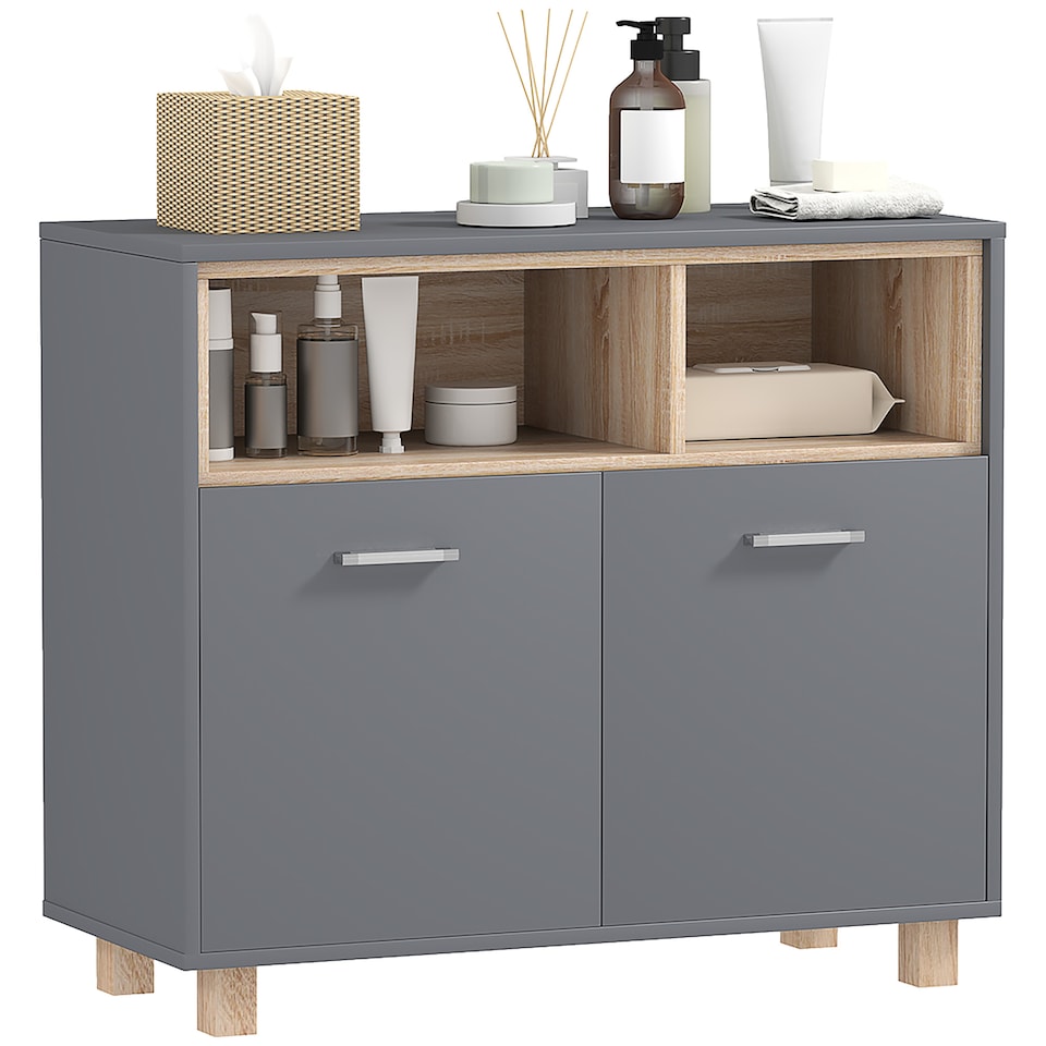 image 1 of HOMCOM Bathroom Cabinet, Bathroom Storage Unit, Bathroom Storage Cabinet with Open Compartments and Double Doors | Grey | Grey