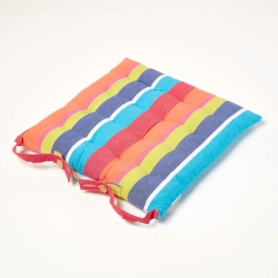 image 1 of Homescapes Seat Pad Luxury 100% Cotton Stripe Indoor Outdoor Garden Dining Cushion Multi | 40 x 40 cm