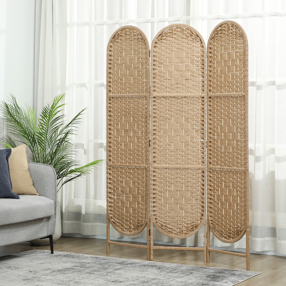 image 1 of HOMCOM 3-Panel Folding Freestanding Privacy Screen, Natural Wood Finish