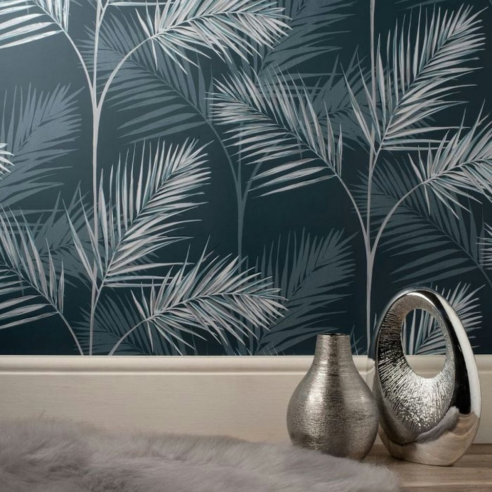 image 1 of Fine Decor South Beach Palm Leaf Wallpaper - Navy Blue - One Size Blue