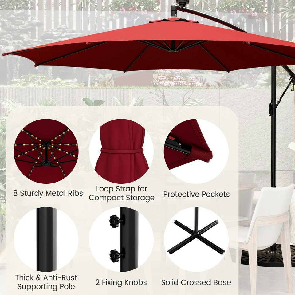image 1 of COSTWAY 303 cm Patio Parasol Solar LED Cantilever Offset Umbrella Red