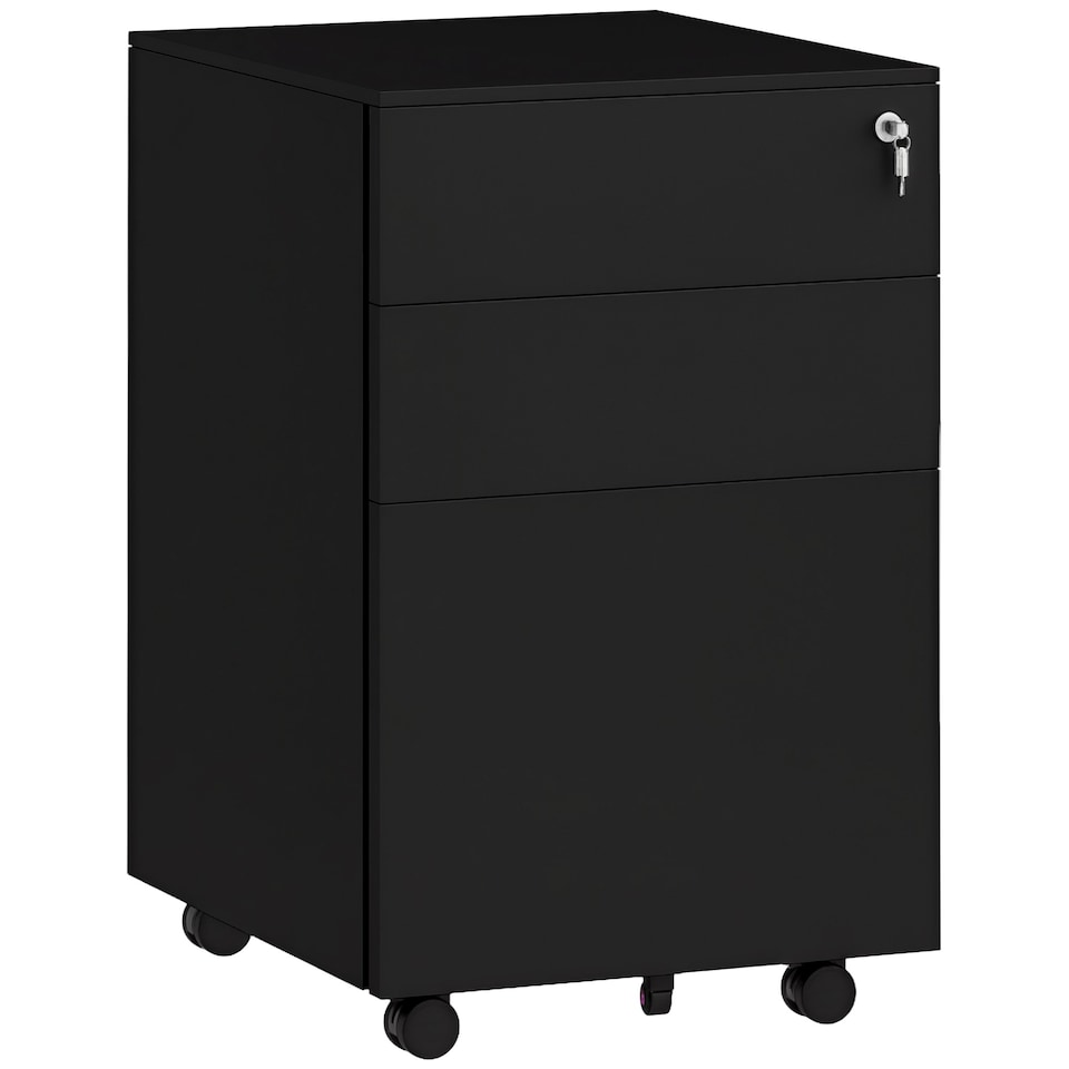 image 1 of Vinsetto 3-Drawer Vertical Filing Cabinet with Pencil Tray, Lock and 5 Wheels, Steel Mobile File Cabinet, for A4, Legal and Letter Size, Pre-Assembled Body, Black