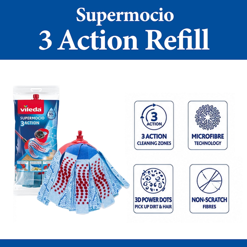 image 1 of Vileda SuperMocio 3 Action Mop Refill Microfibre Floor Cleaning Replacement Head