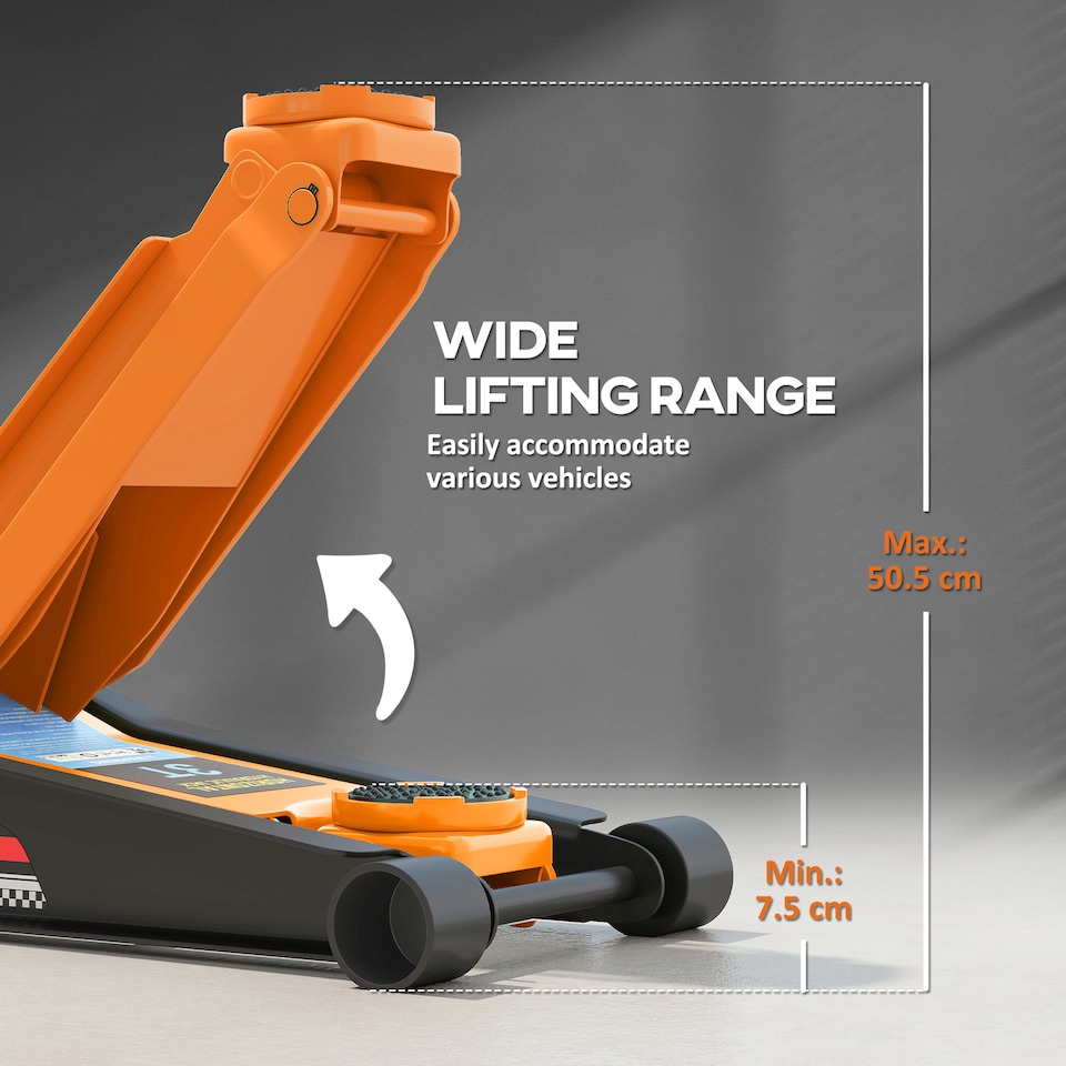 image 1 of HOMCOM 3 Ton Hydraulic Low Profile Floor Jack, Heavy Duty Car Trolley Jack Lift with 7.5-50.5 cm Lifting Range, Dual Piston Pump, Wheels, Non-slip Handle for Car Van Garage Tyre Repair Change, Orange