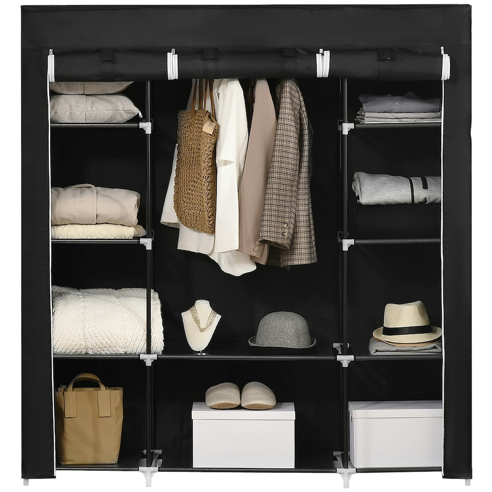 image 1 of HOMCOM Fabric Wardrobe with 10 Shelves 1 Hanging Rail Foldable Closets Black