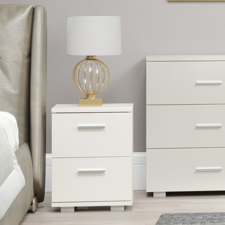 image 1 of Lido 2 Drawer Bedside Cabinet - High Gloss White, Modern Silver Feet | White | White | One Size | 1