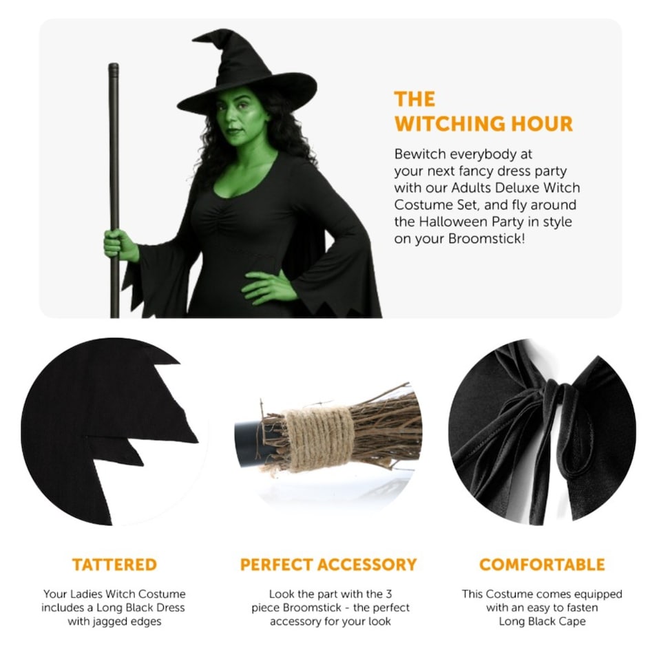 image 1 of Deluxe Witch Costume Dress, Tights, Cape, Hat, Broom & Face Paint | Multi | M