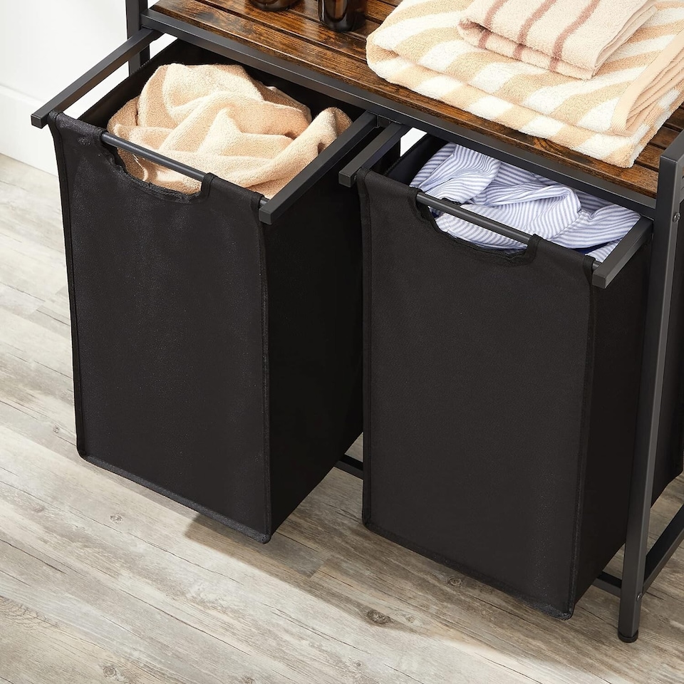 image 1 of Laundry Sorter with 2 Removable Liner Bags, Pull-Out Hampers and Storage Shelf, Rustic Brown and Ink Black
