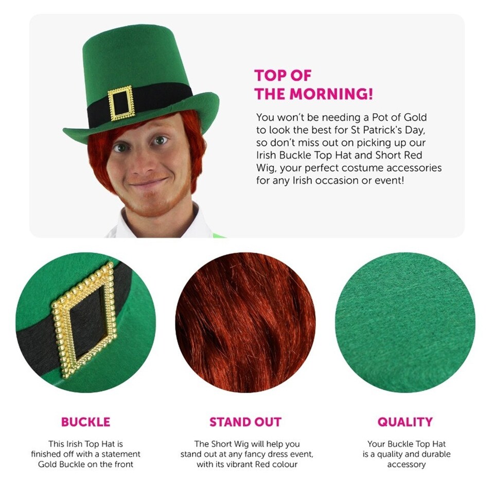 image 1 of Pack of 6 Irish Buckle Top Hat with Short Red Wig Green | One Size