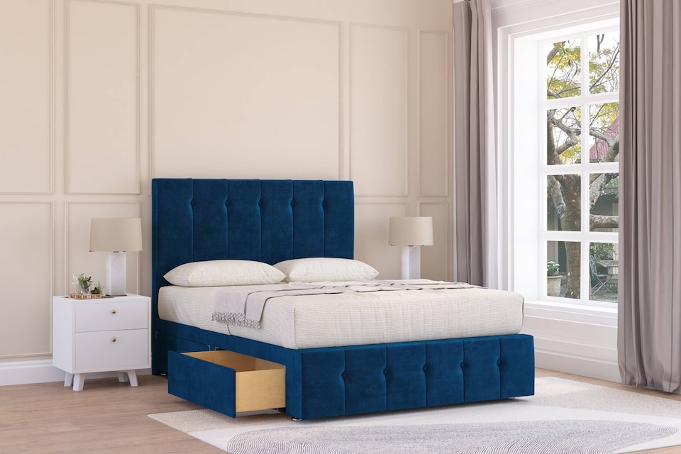 image 1 of Sloomy Cambridge Navy Plush Divan Bed Base 2 Drawers Foot-End With 54 Inch Floor Standing Headboard & 12 Inch Matching Footboard | Blue | Navy | Double | 1