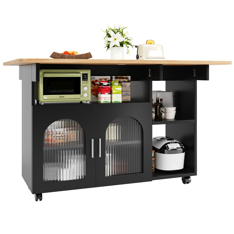 image 1 of VILUXE Kitchen island, kitchen cabinet, removable serving trolley, buffet cabinet, dining trolley with wood grain, buffet cabinet, multifunctional dining table with storage space, Black