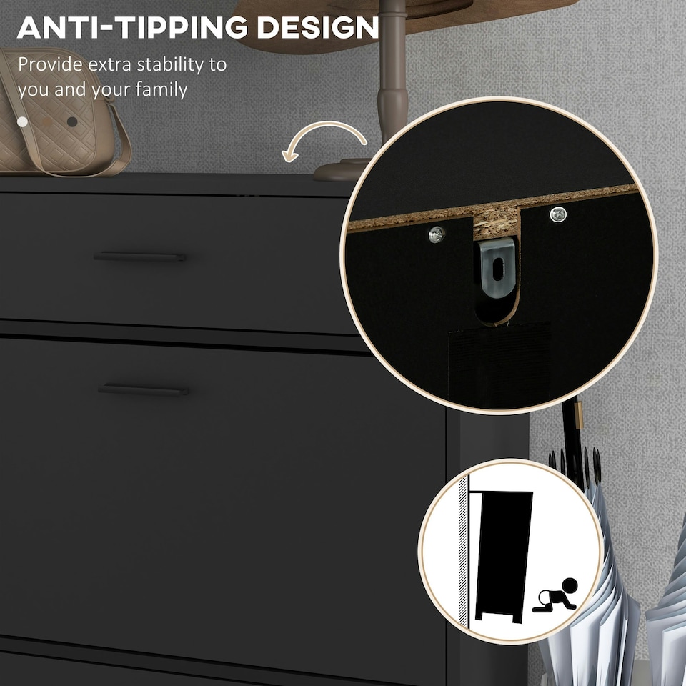 image 1 of HOMCOM Shoe Storage Cupboard with 2 Flip Doors and Sliding out Drawer, Black