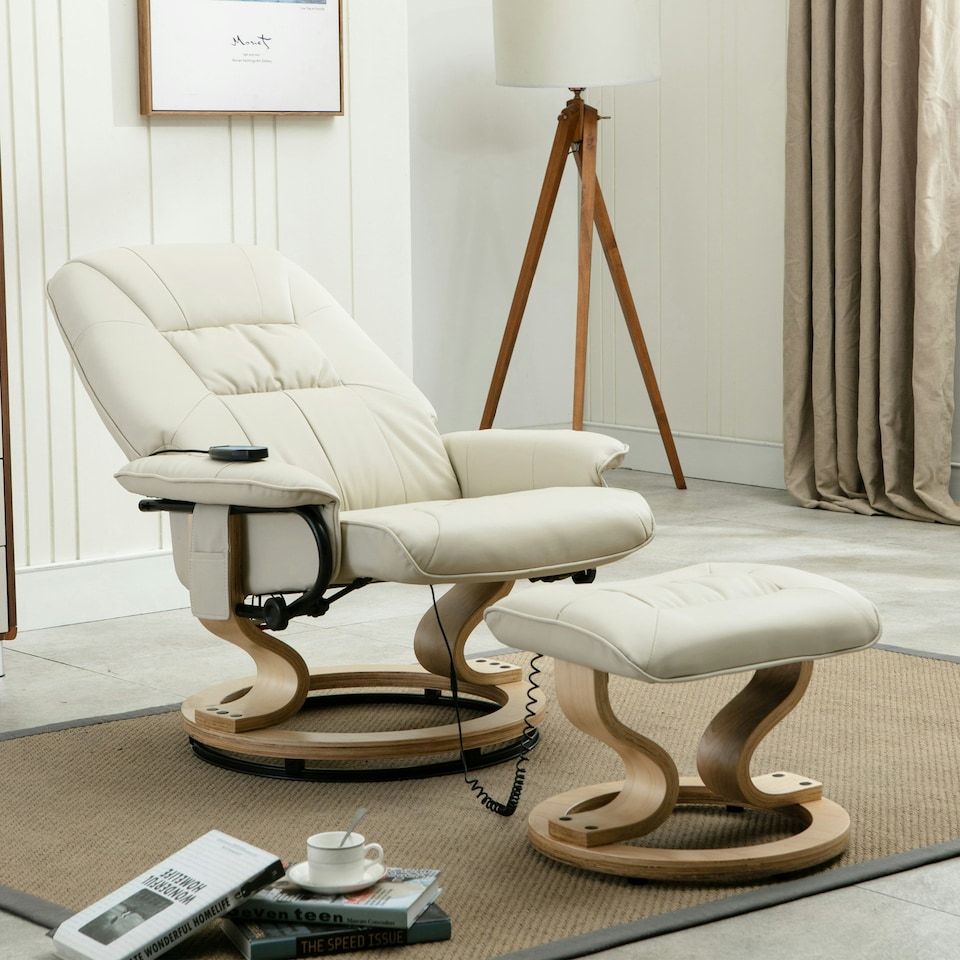 image 1 of Tuscany Bonded Leather Swivel Recliner Massage Chair w Footstool (Cream)