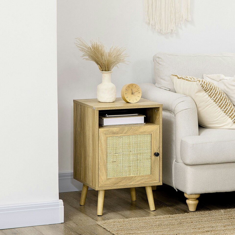 image 1 of HOMCOM Nightstand, Rattan Bedside Table w/ Cabinet, Shelf, Natural
