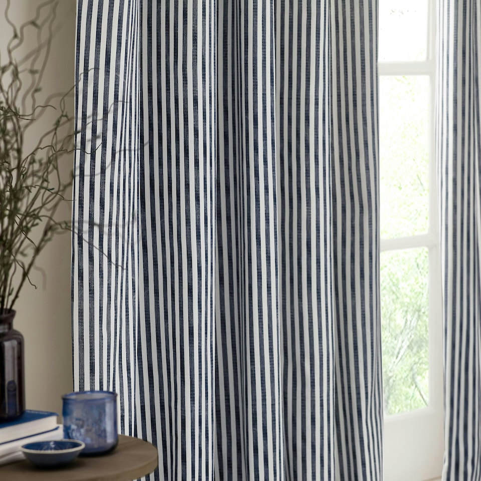 image 1 of Yard Hebden Striped Cotton Navy Eyelet Curtains 229 x 183cm
