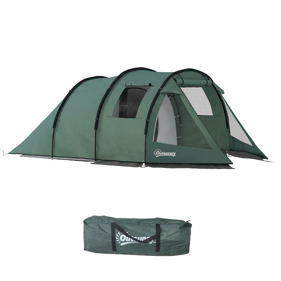 image 1 of Outsunny 3-4 Persons Tunnel Tent, Two Room Camping Tent w/ Windows, Black