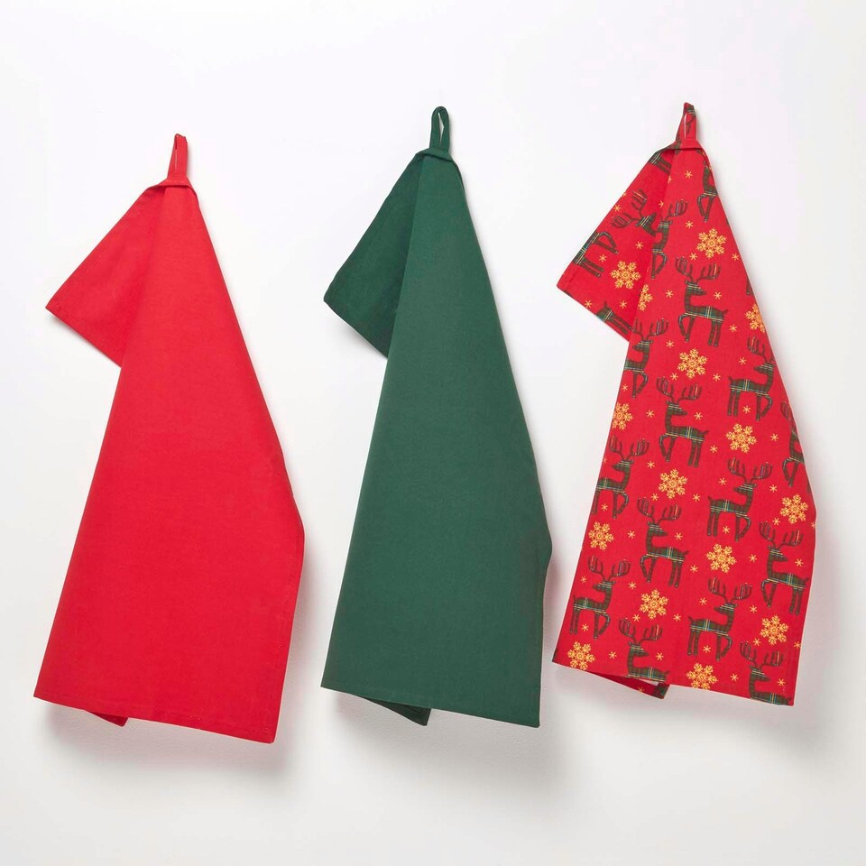image 1 of Homescapes Red Reindeer Set of 3 Christmas Tea Towels Red