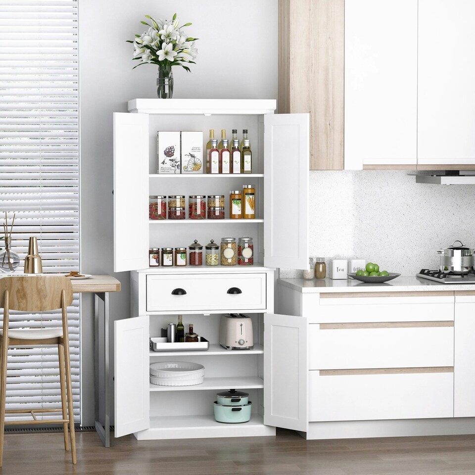 image 1 of HOMCOM Freestanding Kitchen Pantry Cupboard Storage Cabinet with Doors White
