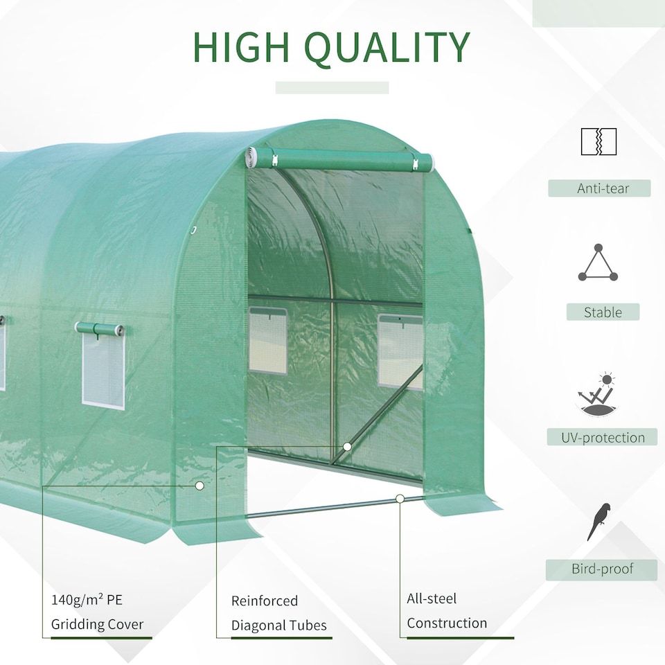 image 1 of Outsunny 4 x 2 x 2 m Polytunnel Greenhouse with Roll-up Door and 6 Windows | Green
