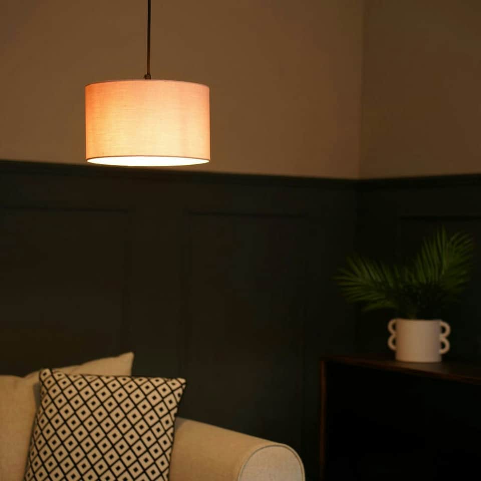 image 1 of ValueLights Pair of - Blush Pink Fabric Cylinder Ceiling Pendant Lampshade/Table Lamp Drum Light Shade - Small
