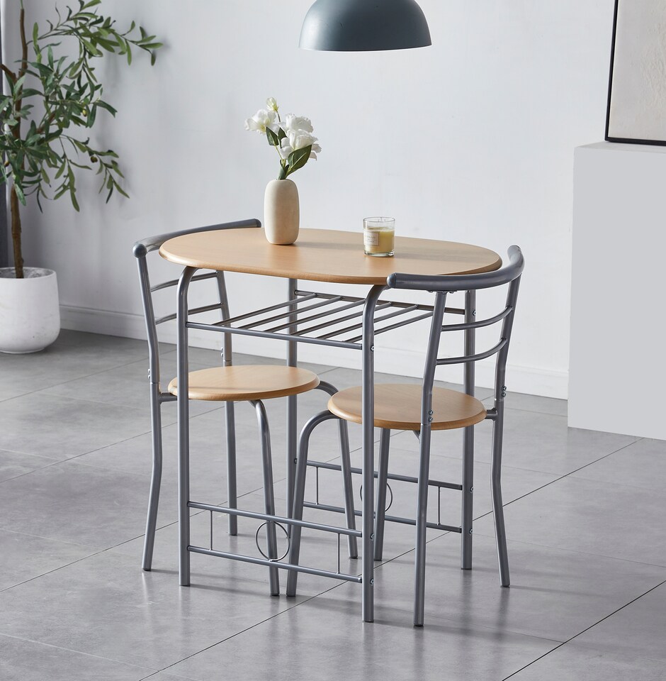 image 1 of Kitchen Breakfast Bar Small Dining Table and 2 chairs Set with Metal frame -Natural