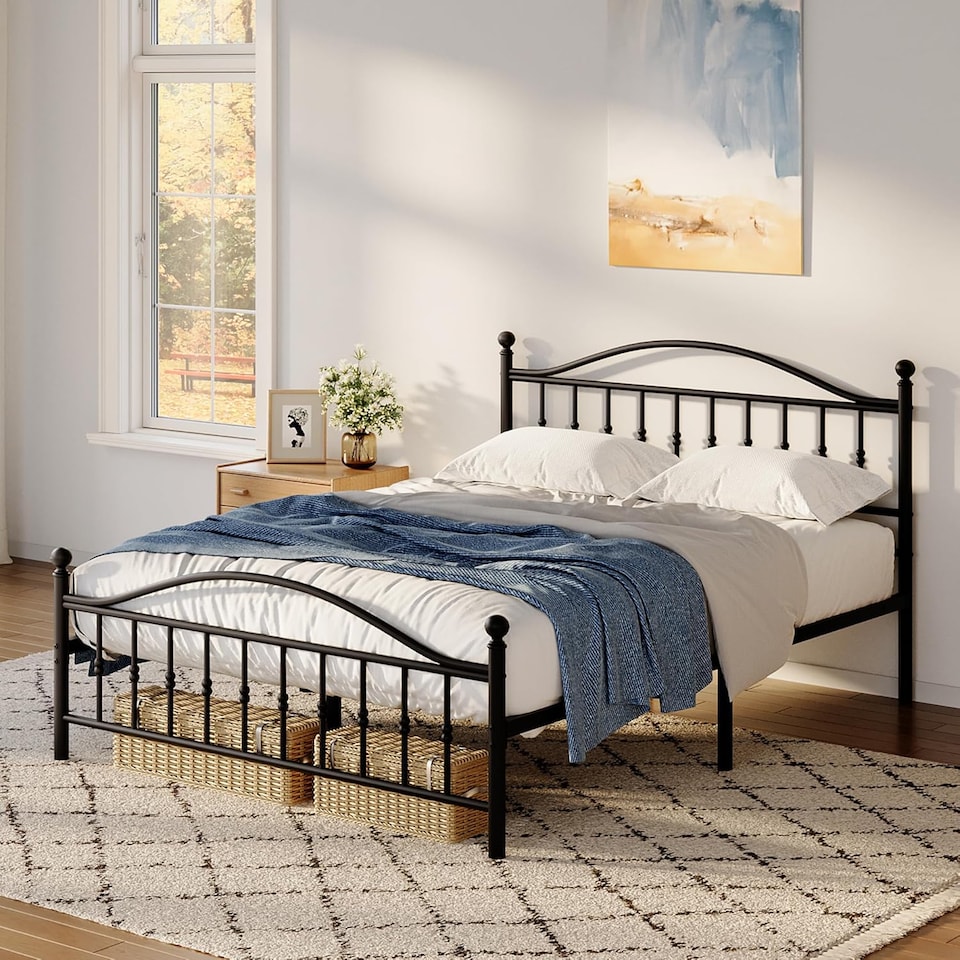 image 1 of London Boutique Double Metal Bed Frame with Anti-Slip High Footboard, 300kg Capacity, Black/195x140cm