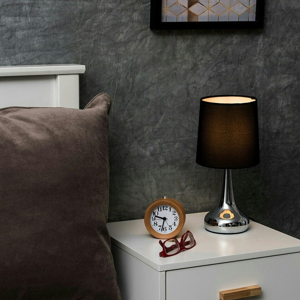 image 1 of ValueLights Teardrop Pair of Chrome Touch Table Lamps with Black Shade and Bulbs