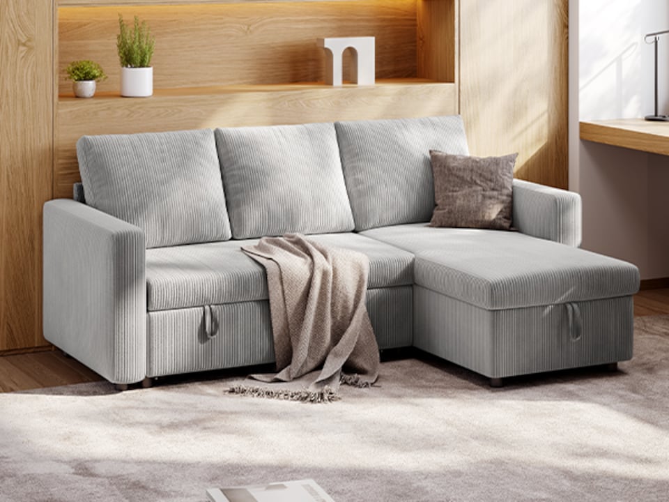 image 1 of Yaheetech 3 Seater Convertible Sectional Sofa with Reversible Chaise, Pull-Out Sleeper Bed and Storage Compartment, L-Shaped Couch, Light Grey