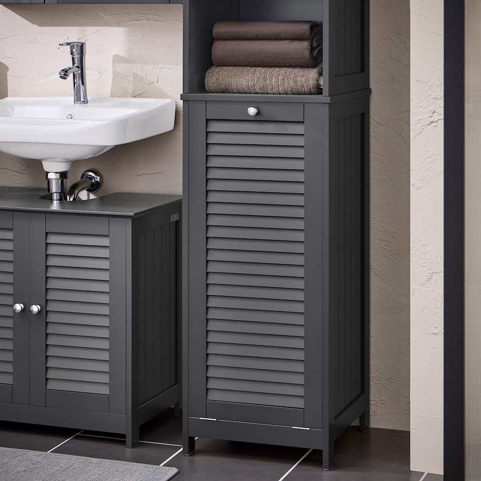 image 1 of SoBuy BZR124-DG,Tall Bathroom Storage Cabinet with Laundry Basket | Grey | Grey | 1