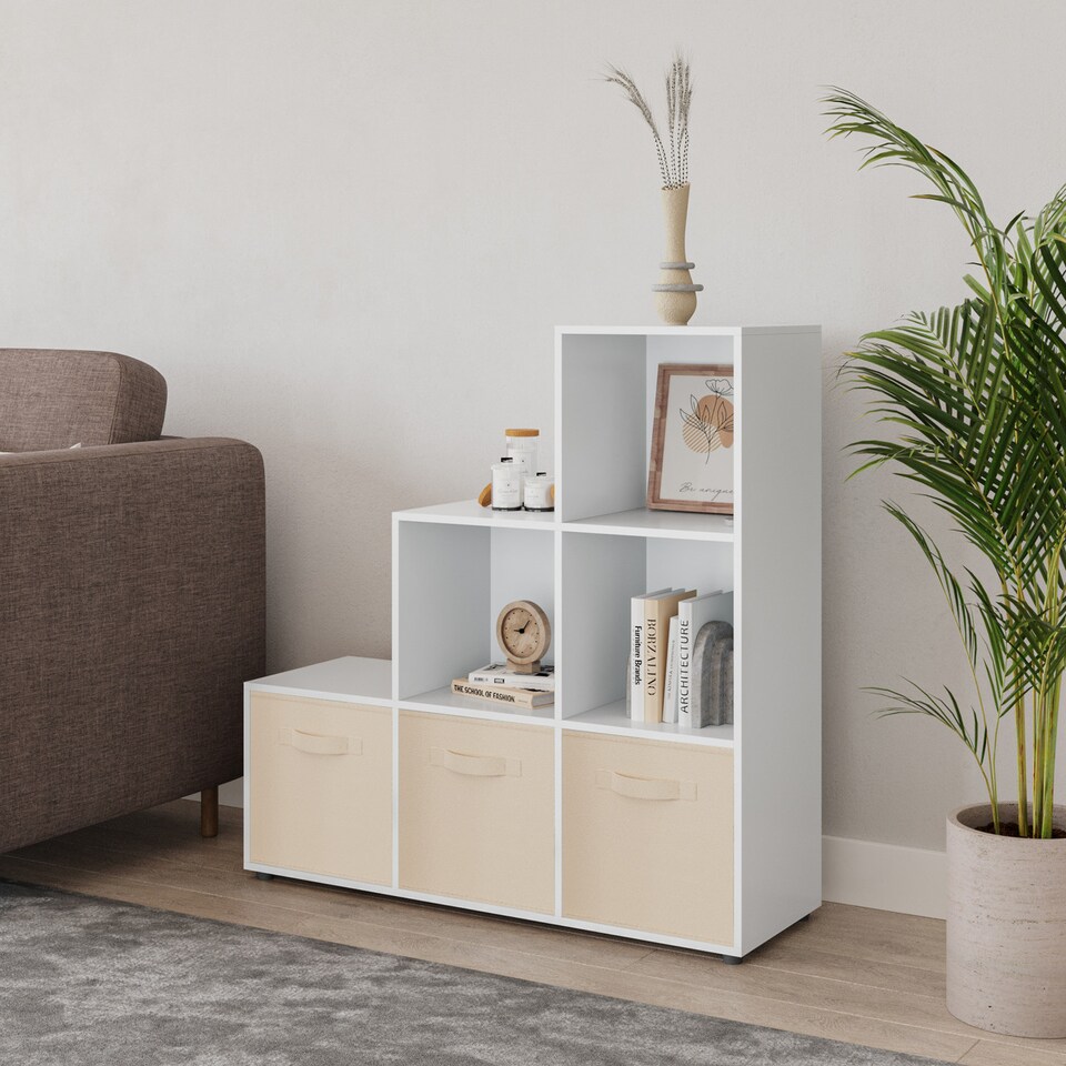 image 1 of 6-Cube Step Shelving Unit With Non Woven Inserts | White | White & Cream | 1