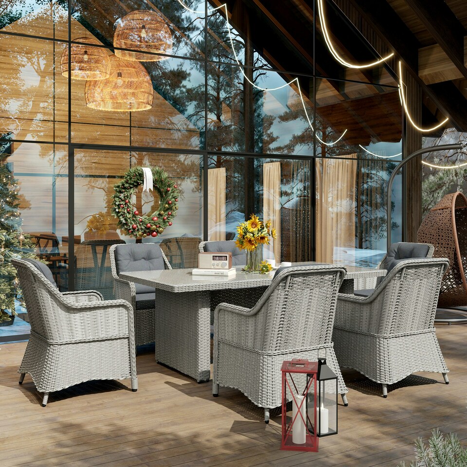 image 1 of Outsunny 6 Seater Rattan Dining Set w/ Glass Top Table Cushions, Grey
