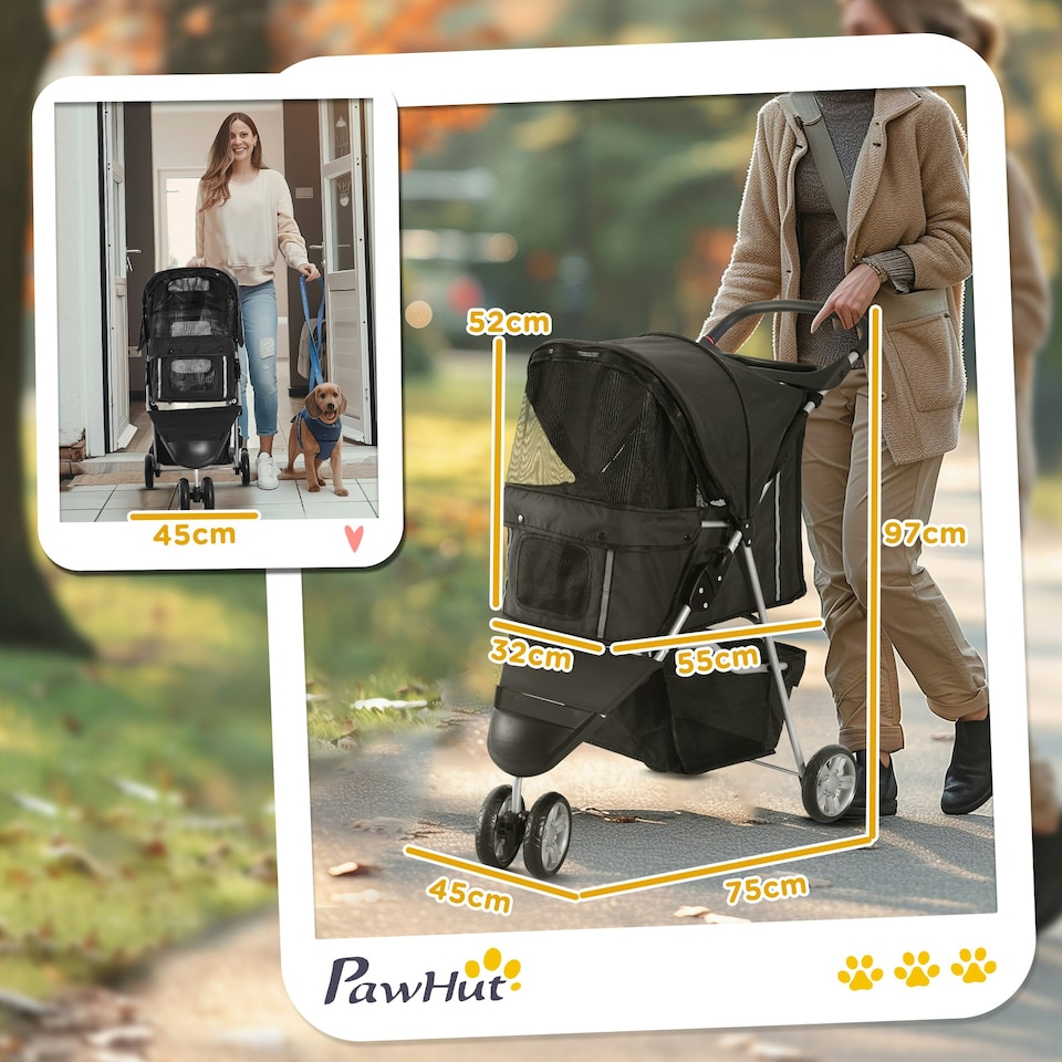 image 1 of PawHut Pet Stroller Pushchair Carrier for Cat Puppy with 3 Wheels Black