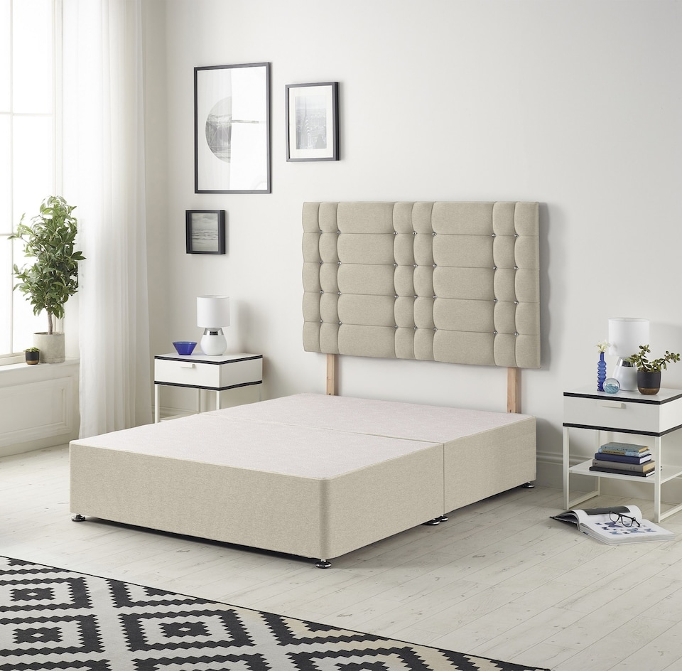 image 1 of Astoria Divan Bed Base with 30 Inch Diamonte Button Headboard Tweed Fabric | Brown | Natural | King