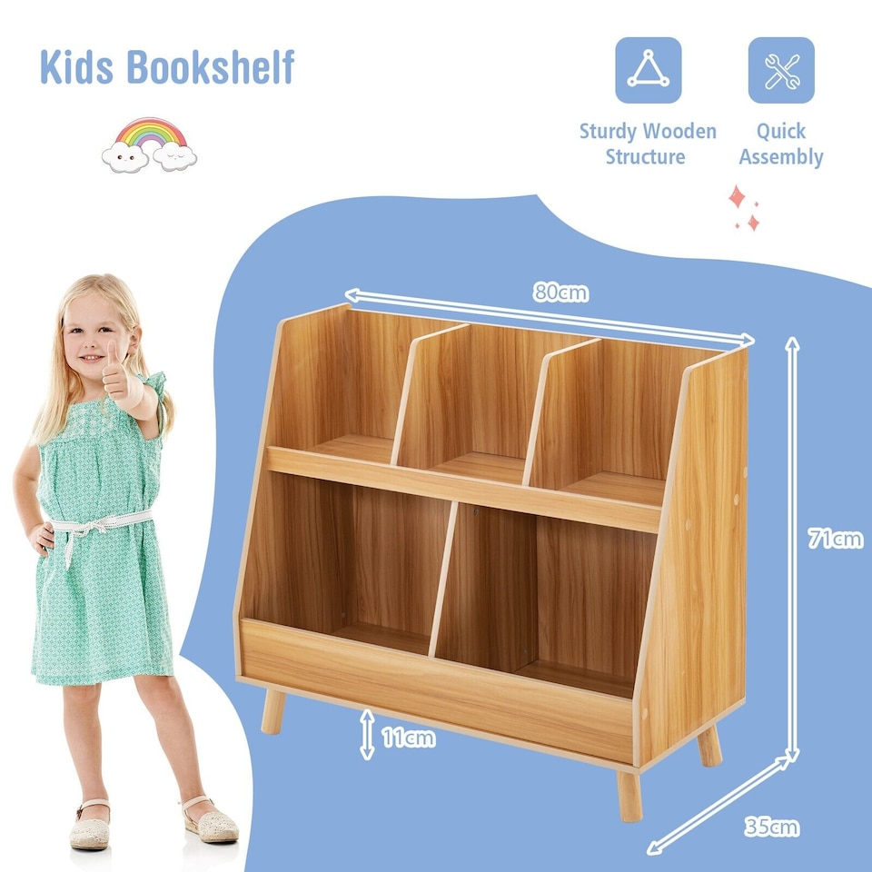 image 1 of COSTWAY Wooden Children Bookcase Bookshelf Cabinet Natural | Yellow