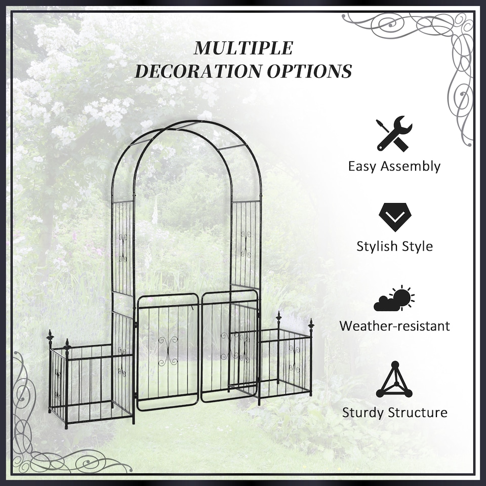 image 1 of Outsunny Metal Garden Arbor Arch Gate w/ 2 Side Planter Boxes & Vine Frame | Black