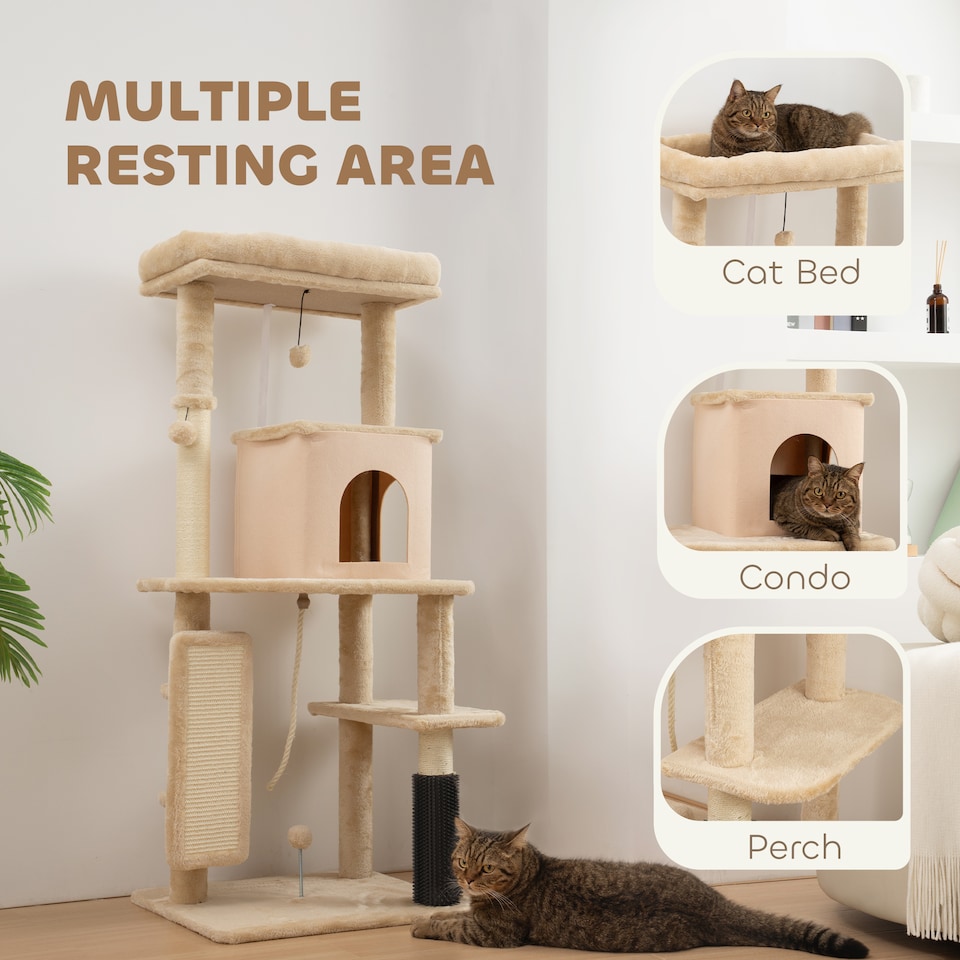 image 1 of PawHut Cat Tree for Indoor Kittens, 132cm Cat Tower with Scratching Posts and Pad, Bed, House, Jumping Platform, Grooming Brush, Toy Balls, Anti-Tip Kit, Cat Climbing Frame, Beige