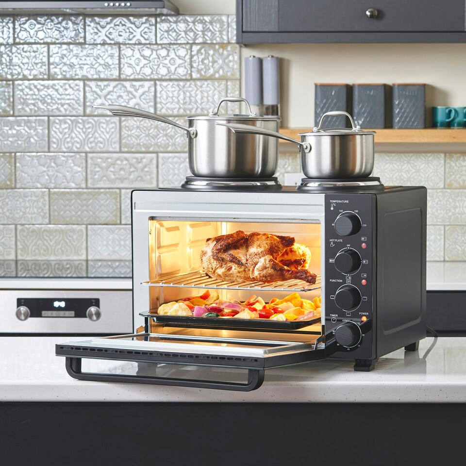 image 1 of Cooks Professional Mini Oven 34 Litre with 2 Hobs | 34 Litre | Powerful 1500W | Black Contemporary