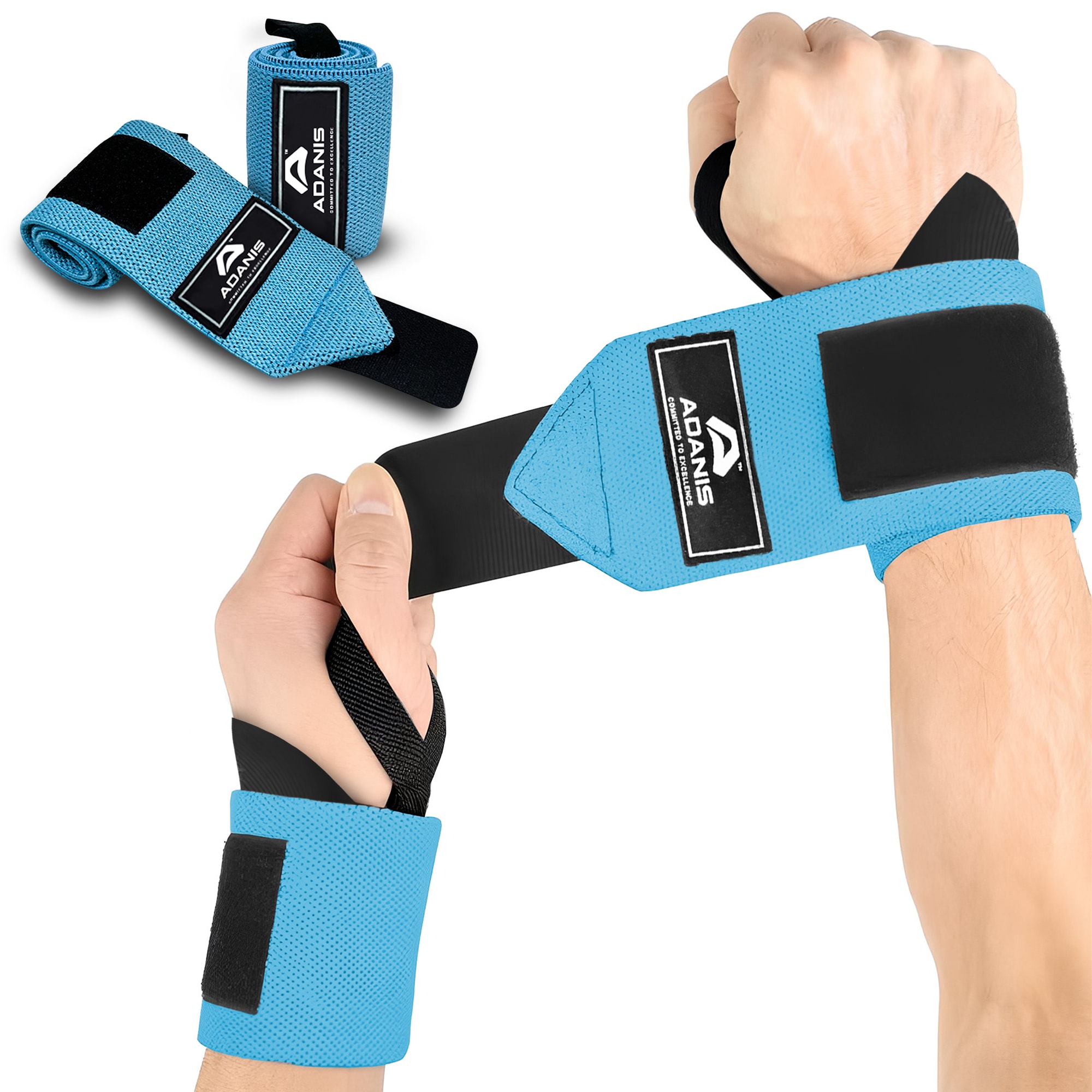 Adanis Wrist Wraps for Weightlifting (Pair) - 50cm, Adjustable Wrist Support in Blue