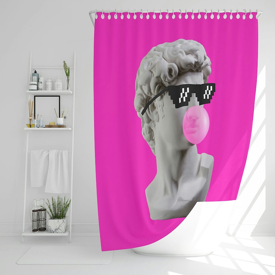image 1 of Plaster statue,  David's head in pixel glasses (Shower Curtain)