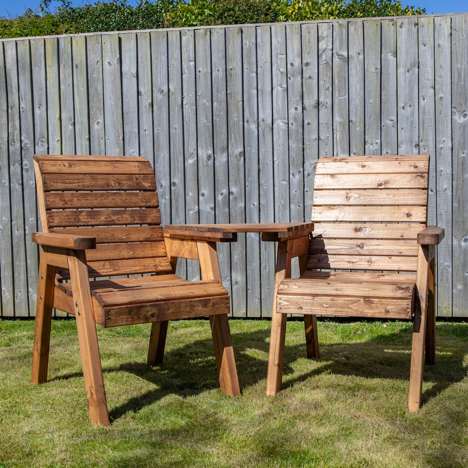 image 1 of Hand Made 2 Seater Chunky Rustic Wooden Garden Furniture Love Seat with Tray Assembled