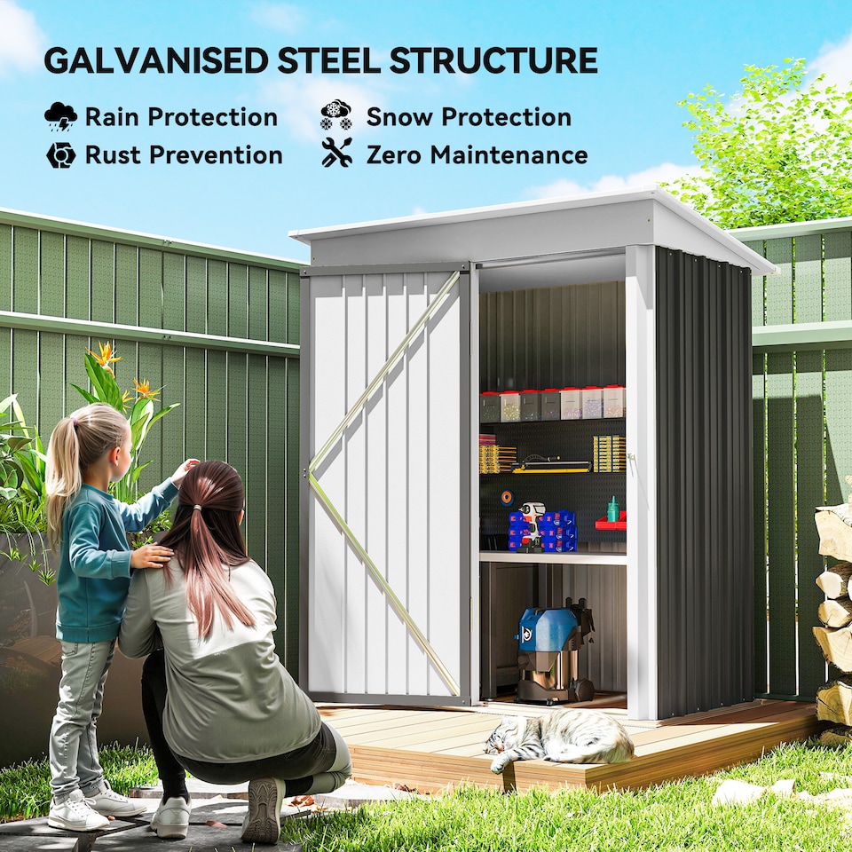 image 1 of Outsunny 5x3ft Garden Shed, Steel Small Shed, Outdoor Leanto Shed with Adjustable Shelf, Lock and Gloves for Patio, Garden, Dark Grey with Foundation Kit