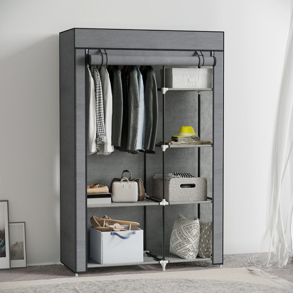image 1 of HOMCOM Fabric Wardrobe, Portable Wardrobe with 6 Shelves, 1 Hanging Rail, Foldable Closets, 103 x 43 x 162.5 cm, Dark Grey | Grey | Dark Grey