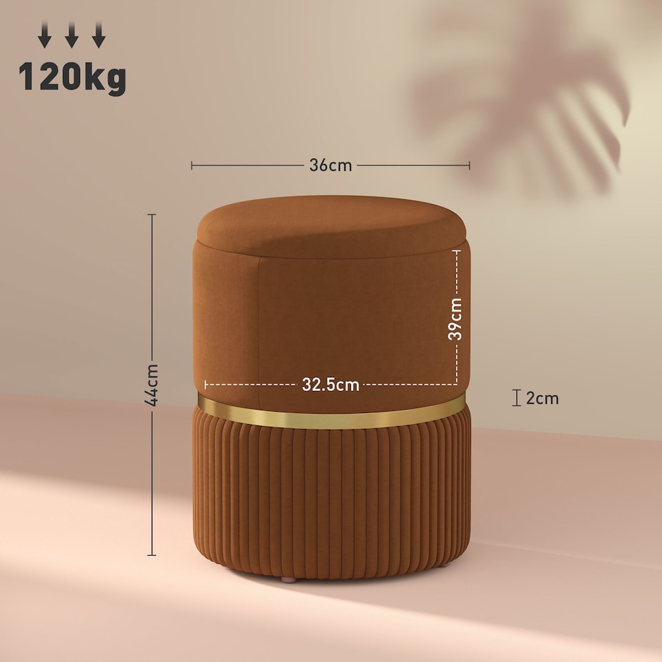 image 1 of HOMCOM Round Storage Stool, Velvet-feel Fabric Upholstered Vanity Stool with Removable Top, Padded Seat and Hidden Space for Living Room, Bedroom, Light Brown | Brown | Light Brown