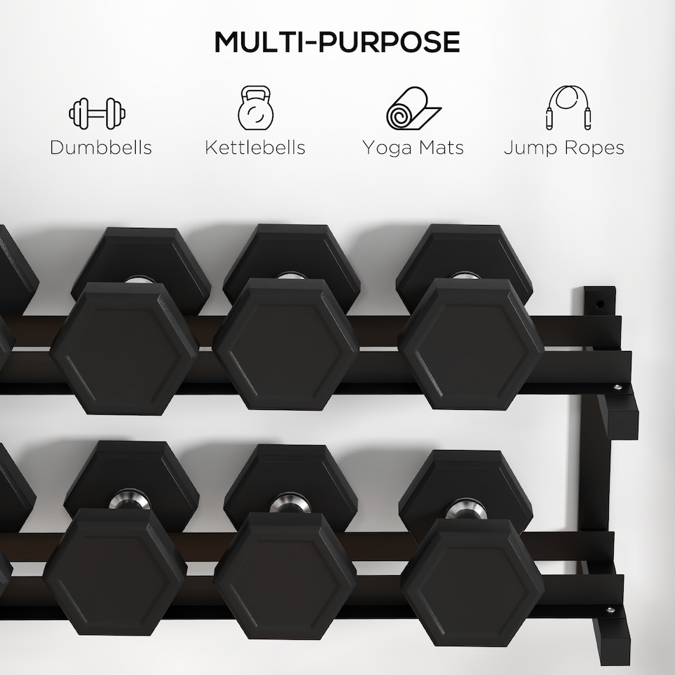 image 1 of SPORTNOW Wall-Mounted Dumbbell Rack, 2-Tier Weight Rack, Space-Saving Dumbbell Stand, Multi-Functional organiser for Kettlebells and Yoga Mats, for Home Gym, Black